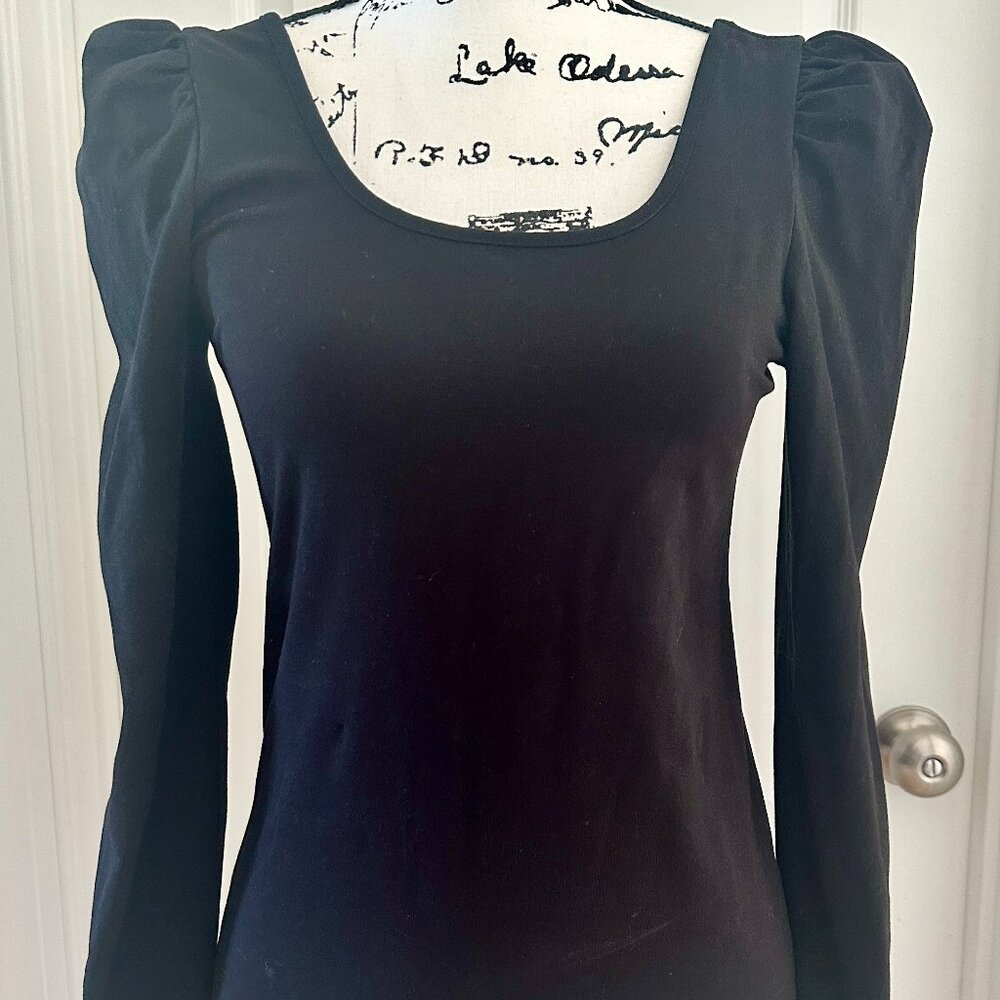 Black Scop Neck Long Puff Sleeve Top